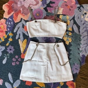 CARMAR white denim skirt and top set with chain detail